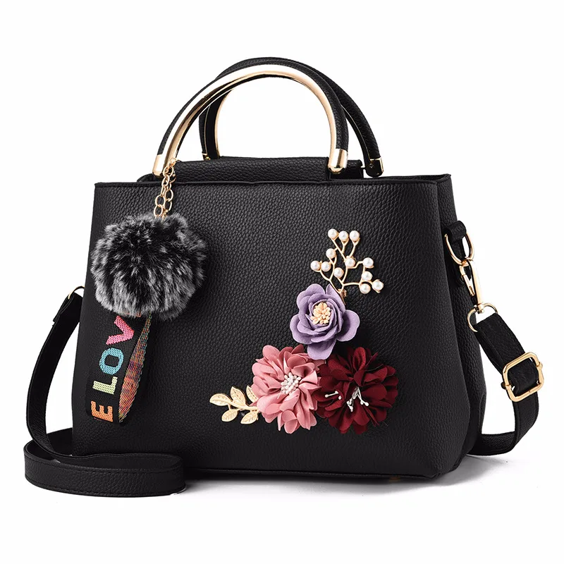 

Wholesale New Designer High Quality Lichee Leather Three-Dimensional Flowers Pearl Decoration Women Shoulder Bag, Black blue green khaki pink gray red dark pink dark gray