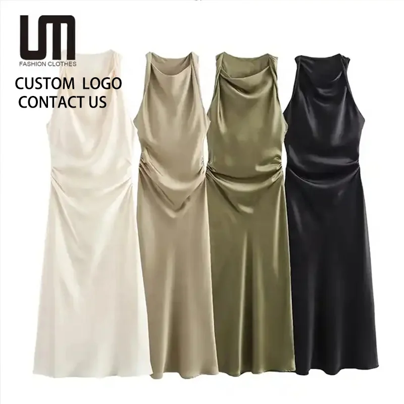 Clearance Sales Elegant Women Satin Slim Long Dress Sexy Sleeveless O Neck Sustainable OEM Service Latest Products