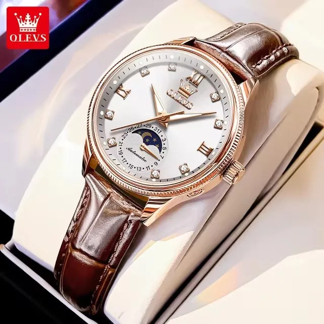 OLEVS 7039 Watch for Women Automatic Mechanical Watches Brown Leather Strap Reloj Mujer Waterproof Luminous Moon Phase Clock