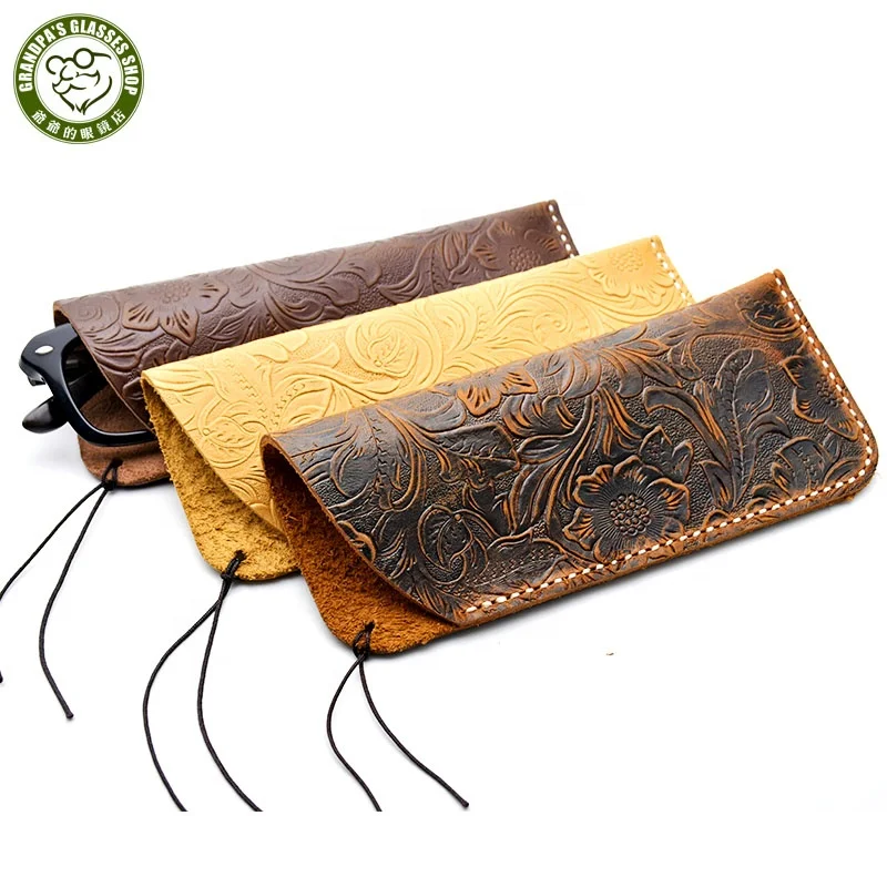 

Factory wholesale embossed glasses case soft leather sunglasses pouch reading handmade first layer cowhide reading glasses bag