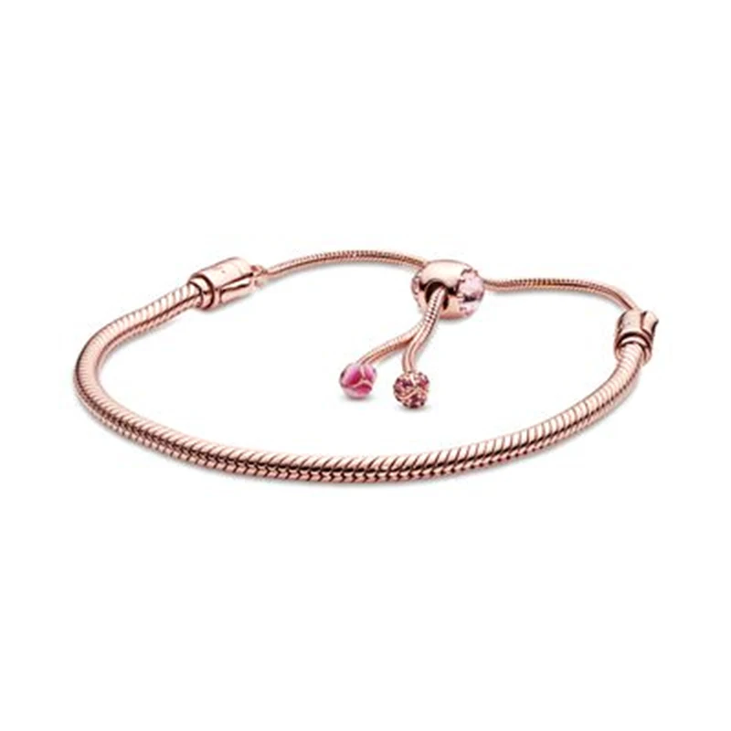 

Fashion Beautiful Moments Slider Snake Chain 925 Sterling Silver Adjustable Bracelets Diy Making Pink Zirconia Bracelet, Rose gold color