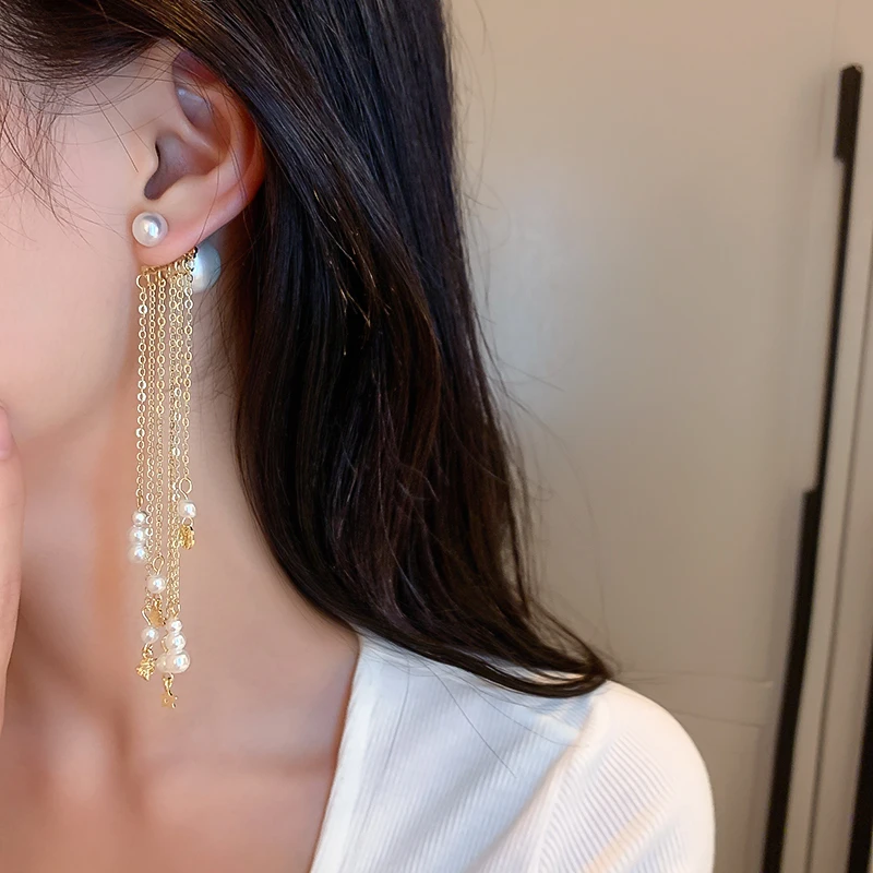 

small star bee pearl metal long tassel earrings women