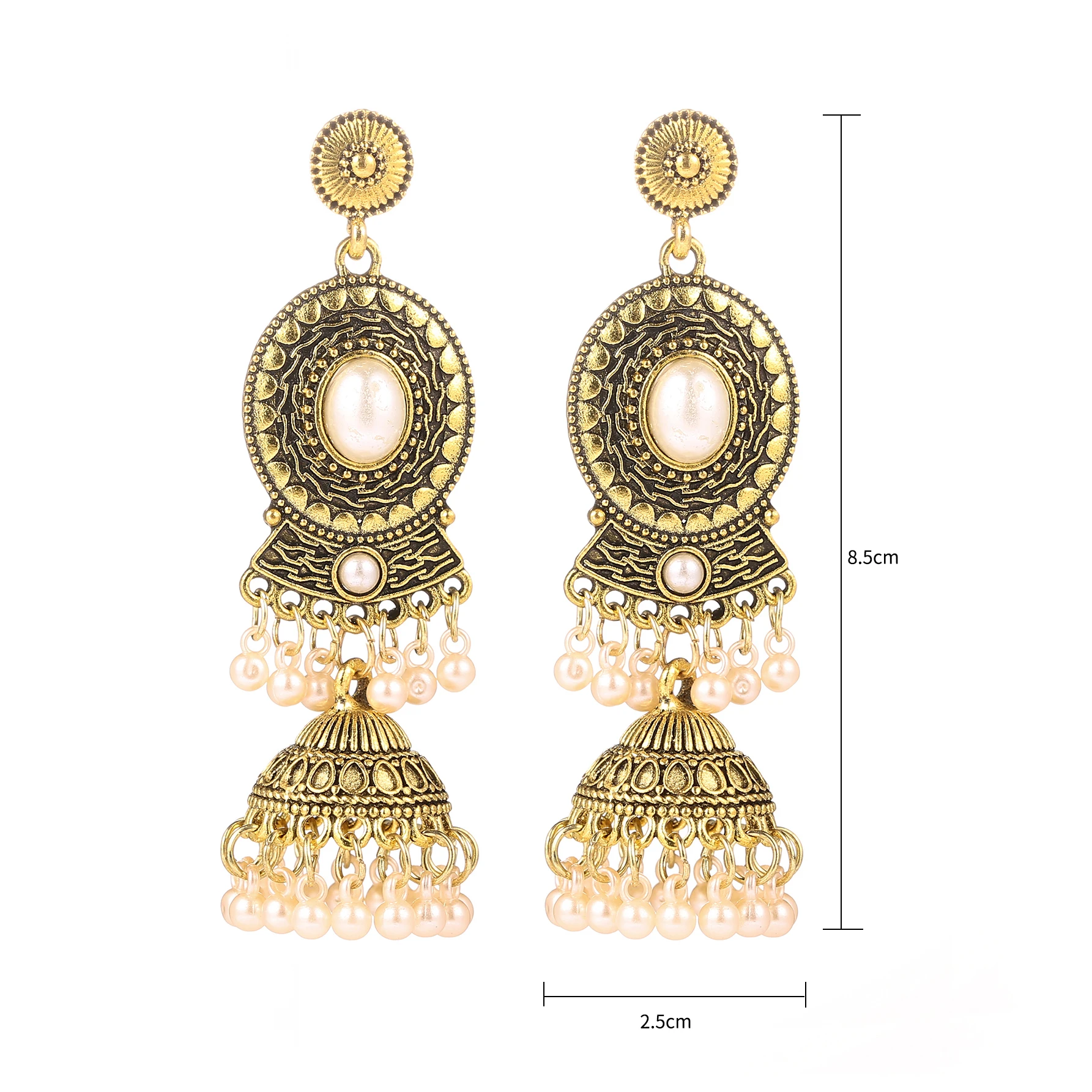 

2022 Fashion Indian Jhumka Ladies Earrings Jewelry Retro Double Wind Bells Gems Pearls Earrings Custom Wholesale, As picture