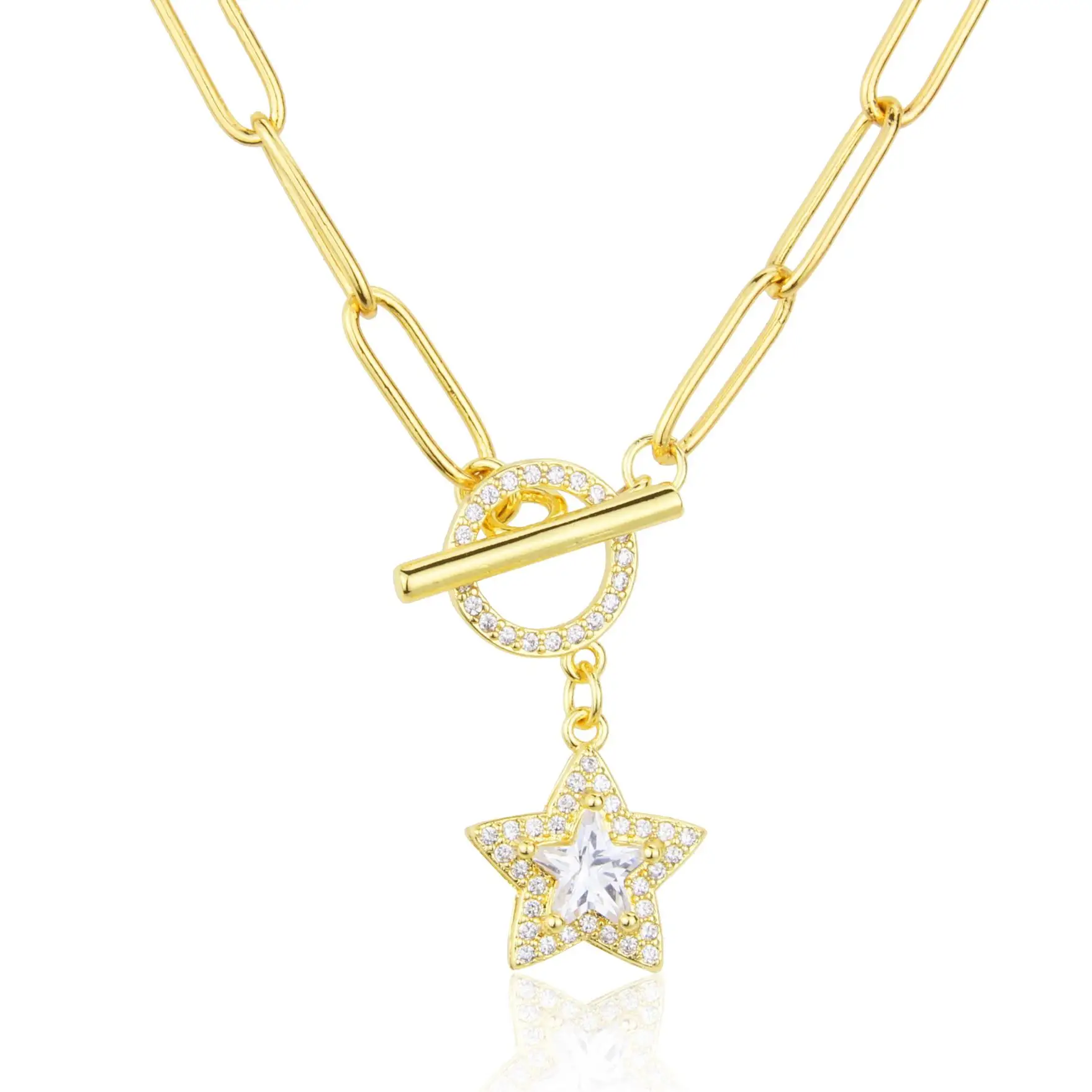 

New Design Fashion Jewelry Gold Copper White Cubic Zirconia Star Pendant Necklace For Women Party Anniversary Winter Gift, Golden