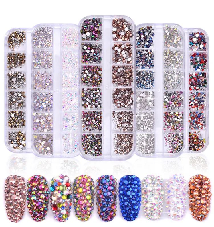 

12 Grids Mix Sizes AB Crystal Rhinestones for Nail Art Flat Back Glass Diamond 3D Charm Gem Stones DIY Manicure Decorations, Gold, silver, clear, ab, rainbow rosegold