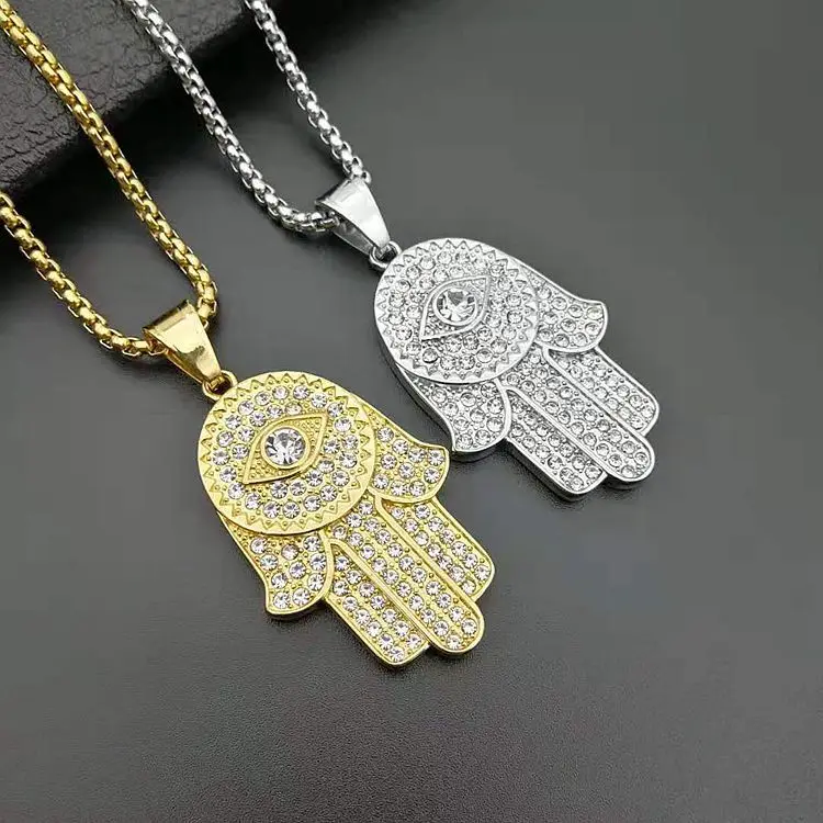 

European Hot Sale Titanium Steel No Fade Evil Eyes Pendants Islamic Muslim Full Pave Shiny Diamond Fatima Hand Pendant Necklaces