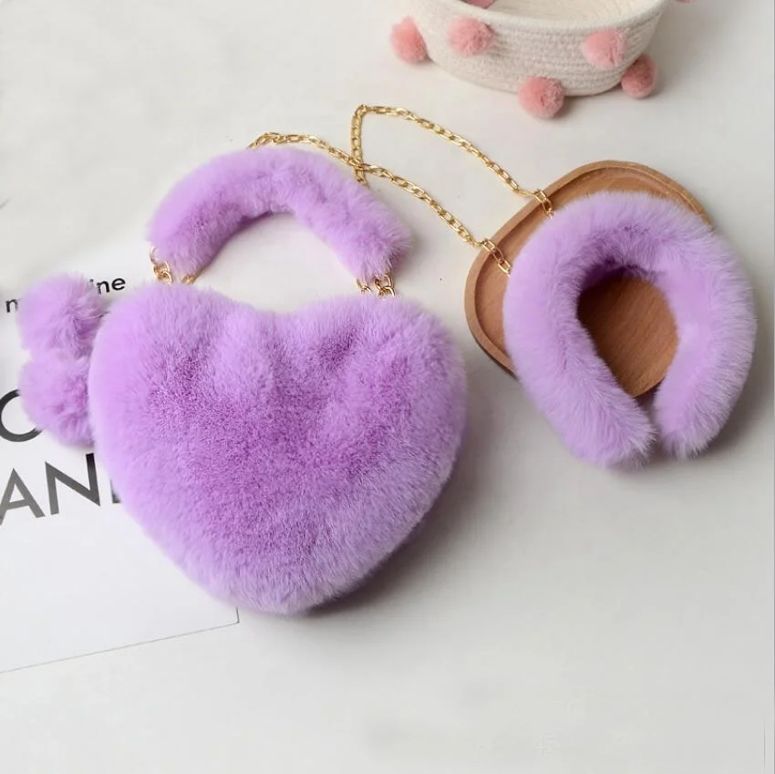 

Hot sale luxury winter heart-shaped fluffy women faux fur purse handbags bags with headband, Black,white...