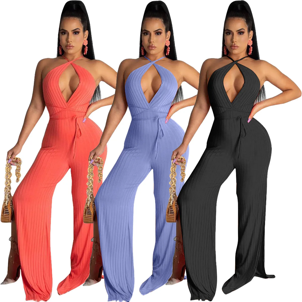 

DUODUOCOLOR Casual fashion sexy pit striped lace up fall backless jumpsuit womens clothing jumpsuit with long pants D10522, Black, purple,orange