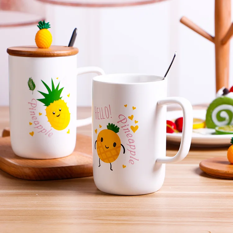 

Fruit design coffee mugs pineapple pattern office mugs with pineapple wooden lid, As pciture