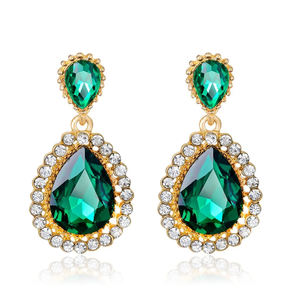 

Fashion Gold Color Teardrop Stud Earrings with Full Crystal Luxury Water Drop Bridal Wedding Party Jewelry Gifts, Green
