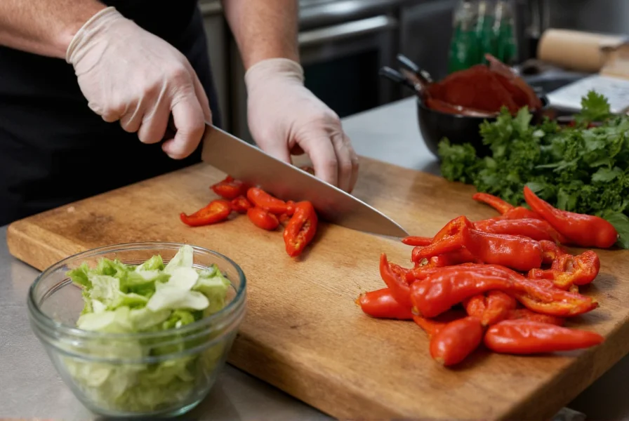 Chef wearing gloves while carefully chopping ghost peppers on cutting board with safety equipment