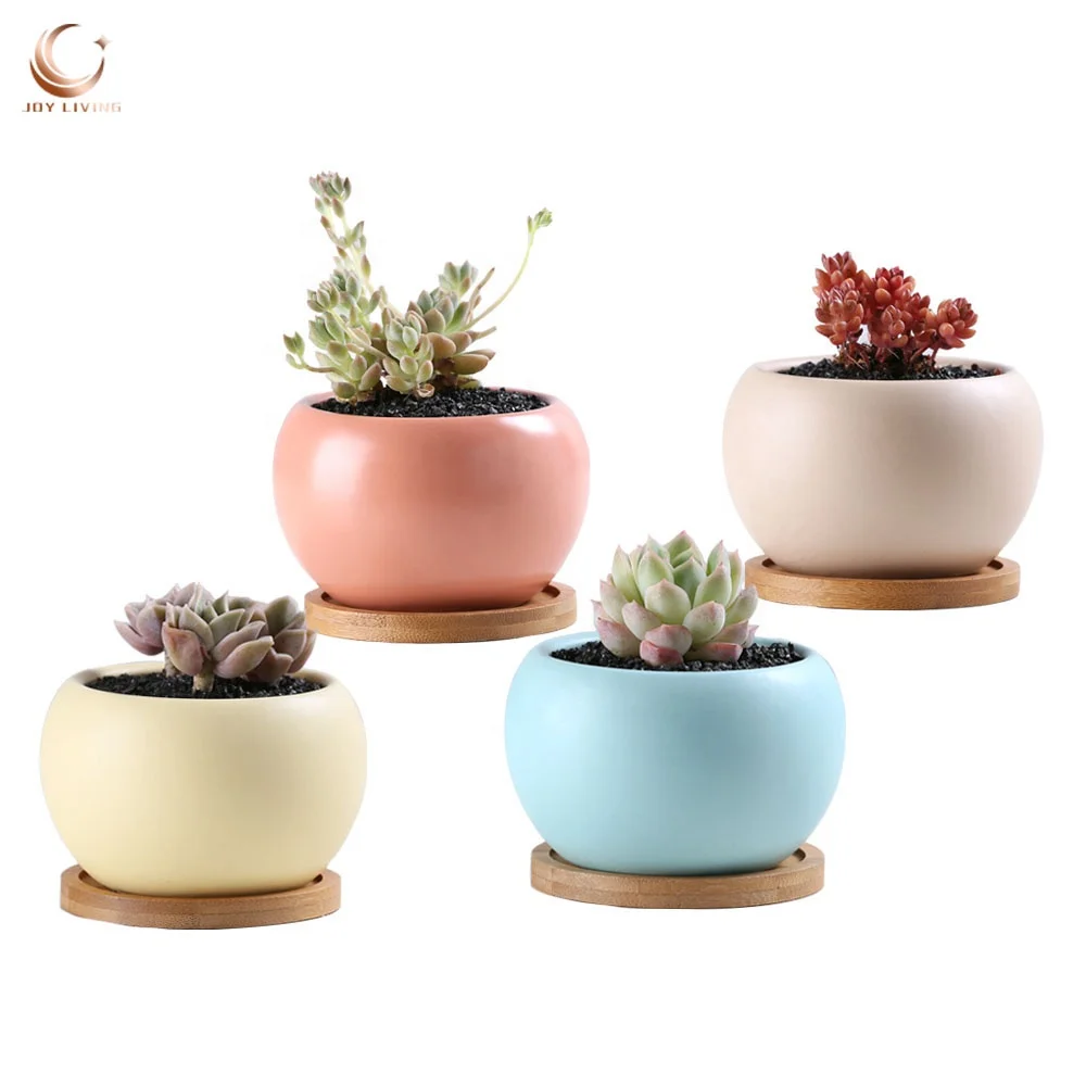 Quality 3.5inch matt glazed round small ceramic flower succulent pots with bamboo tray wholesale
