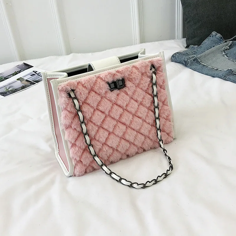 

TS9908 Ready to ship Winter christmas Velvet design purse Soft Fur Tote Bag Velvet Fashion Rhomboids Chain Lady Handbag