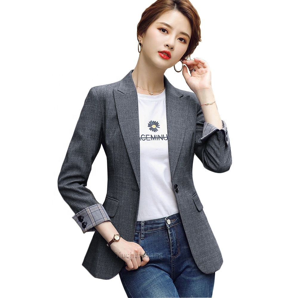 

High Quality Fashion 2021 Design Green Black Blue Tops Office Lady Formal Women Blazer Jacket, Gray;green;blue;black;yellow;coffee