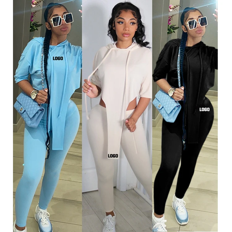 

Free Shipping Wholesale Manufacturer Apparel Ladies Two Pieces Set Short Sleeve Hoodie Women Plain Tracksuit jogging suit set, Color avaliable