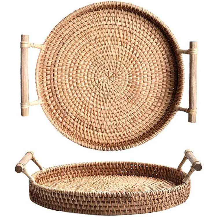 

Wholesale High Quality Private Label Custom Logo Round Vietnam Serving Table Rattan Food Tray with Wood Handle, Natural color