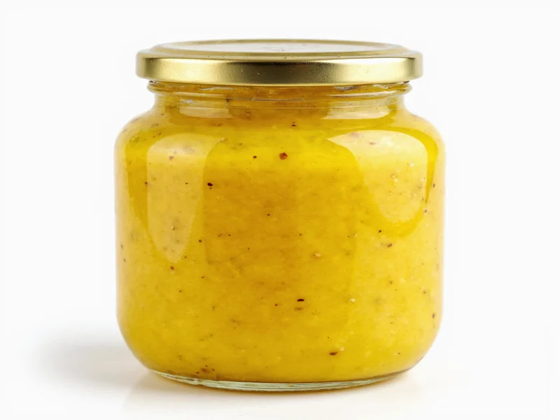 Homemade Dijon mustard in glass jar with seeds