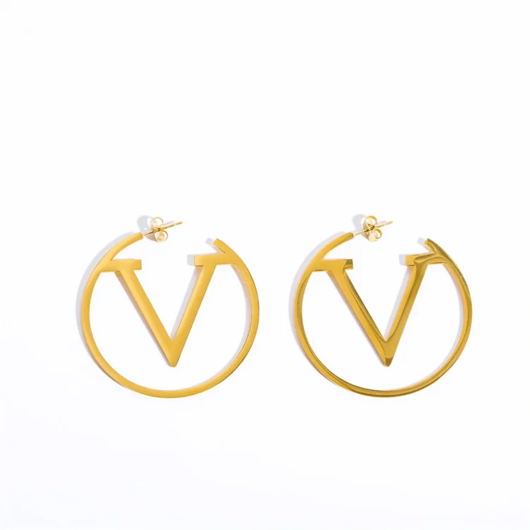 

Vintage stainless steel 18k gold plated letter V hoop stud earrings for women