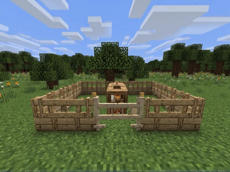 Minecraft fence surrounding animal pen with gate