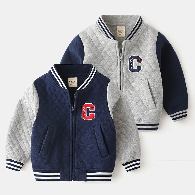 

High Precision Quality Air Cotton Polyester Oversize Casual Baseball Uniform Jacket For Kid Boys, Grey dark blue