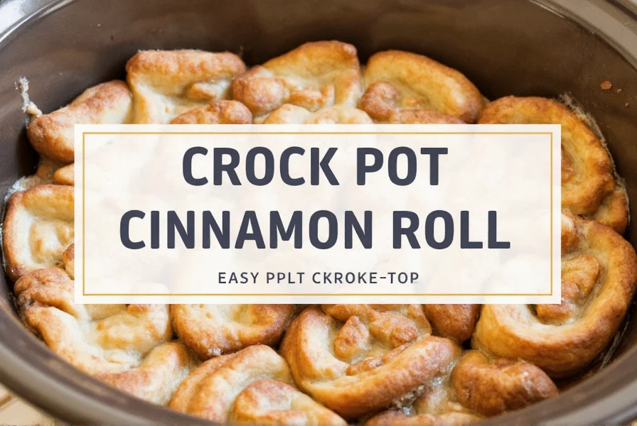 Finished crock pot cinnamon roll casserole with cream cheese frosting drizzled on top, served on ceramic plate