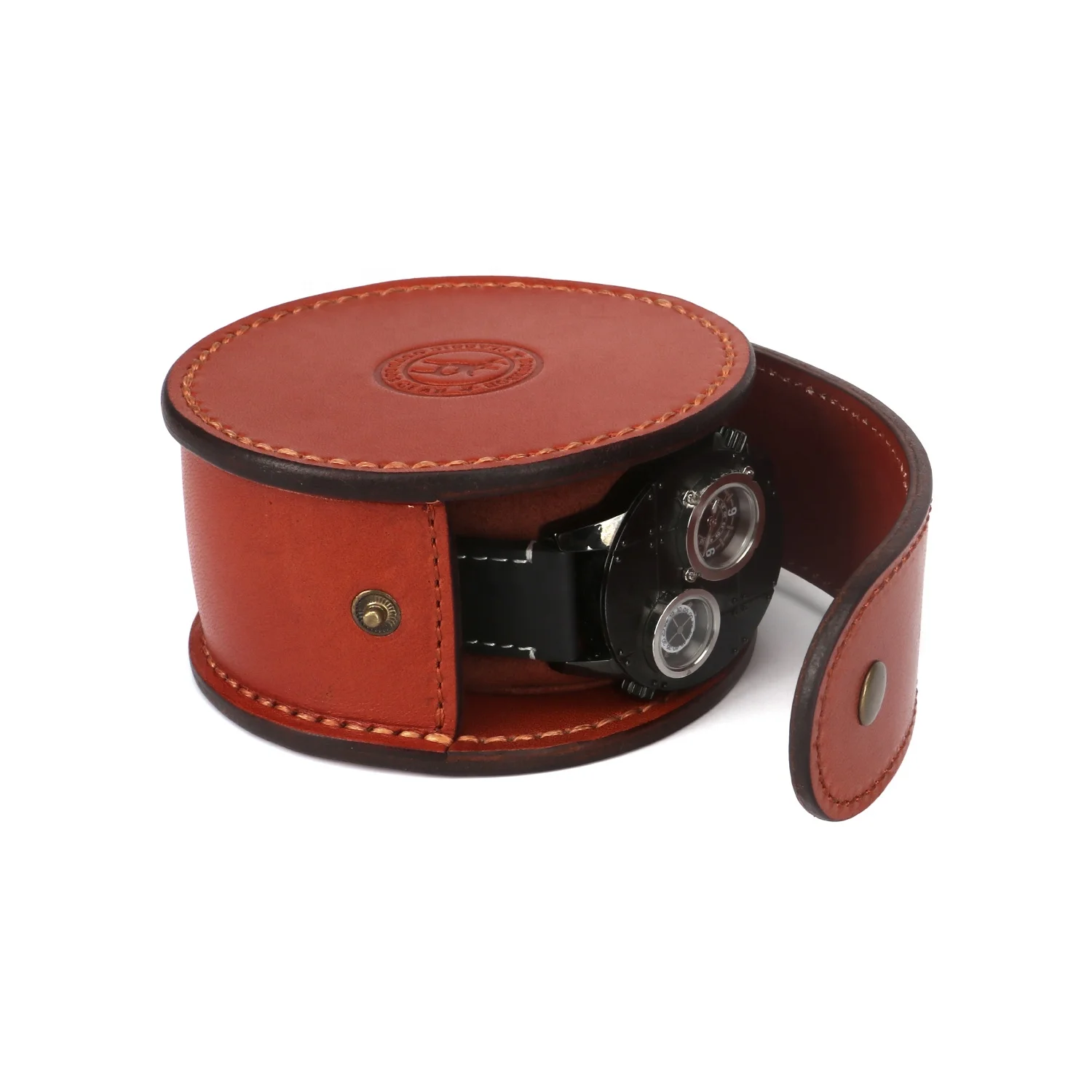 

HIBO handmade round leather single luxury watch travel case