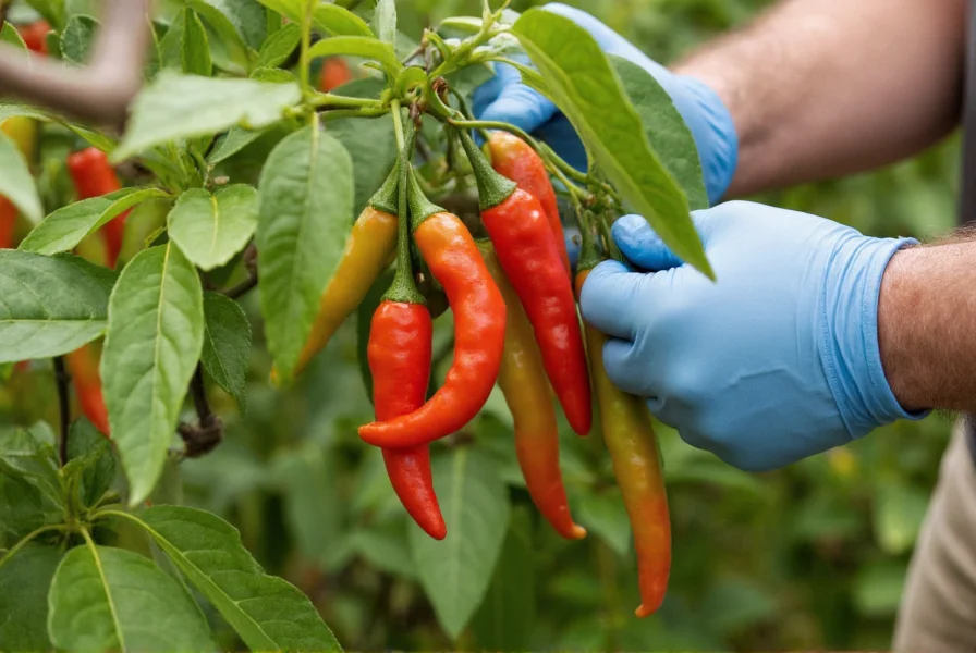 Close-up of gardener wearing gloves while harvesting ripe Bhut Jolokia peppers from plant
