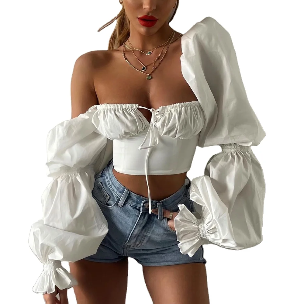 

Fashion Elasticated Neckline with Adjustable Tie Slim Top Flared Cuff Long Puff Sleeve Women Short White Sexy Cutout Crop Top