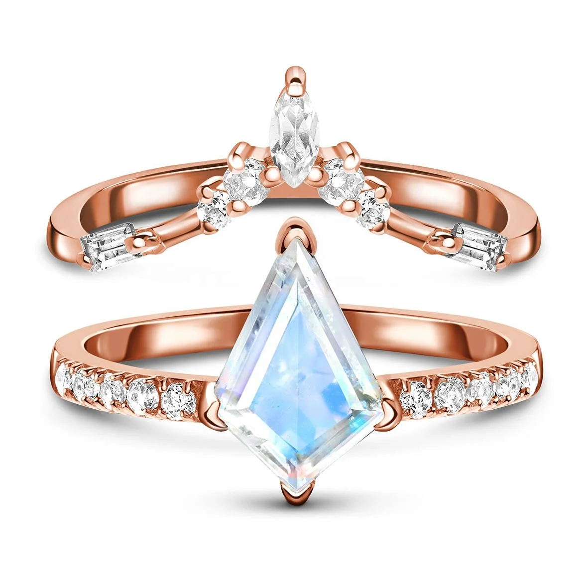 

Rose Gold 925 Sterling Silver Faceted Rainbow Monnstone with White Topaz Aimee Ring & Diademe Band