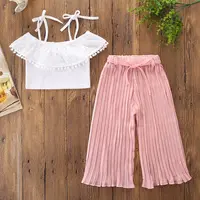 

Girls new white suspenders top + pink wide striped pants 2 sets of girls clothes set