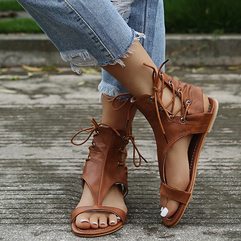

2021 New Ladies Gladiator Style Flat Sandals Solid Color Open Toe Bandage Shoe for Women Outdoor, 3 colors