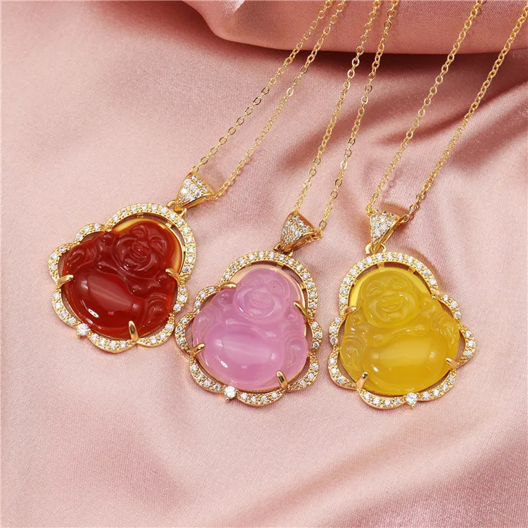 

Fashion Customizable Colors Natural Laughing Buddha Pendant Jewelry Maitreya Agate Pendant Necklace