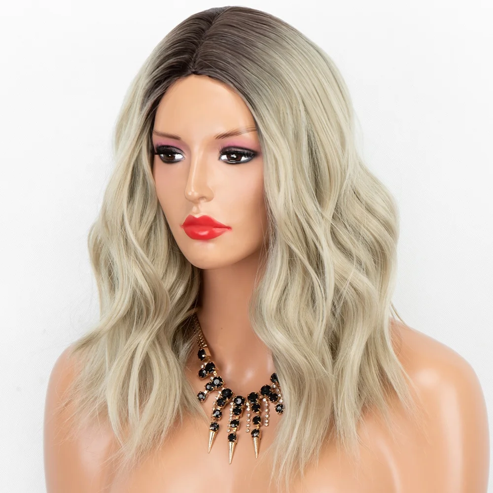 

Aliblisswig Natural Looking Dark Root Ombre Blonde Short Wavy Bob Middle Part Heat Resistant Fiber Hair None Lace Synthetic Wigs