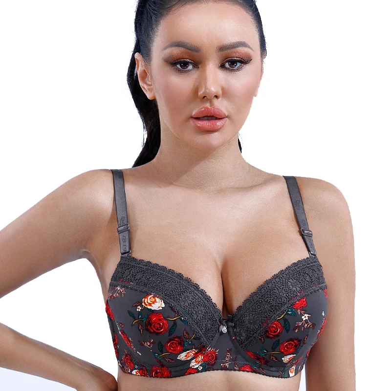 

BINNYS Soutiengorge Grandes Bonnets For Women D Size Sujetador Bloom Underwire Anti Slip Floral Push Up Balcony Balconette Bra