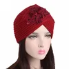 New Amazon Women Winter Fashion Crossed Knit Beanie Turban Style Knit Cap With Sequined Flower Accent Knit Hat For Women TJM-85I