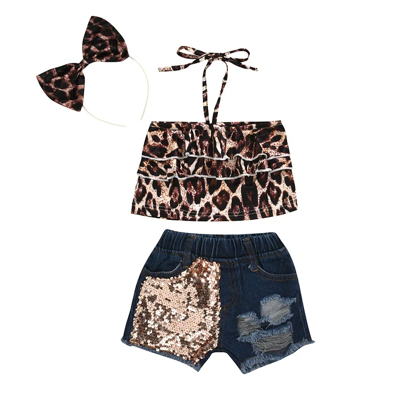 

Hot Sale RTS toddle girl clothing baby girls halter leopard vest denim shorts Clothes 3 pcs sets