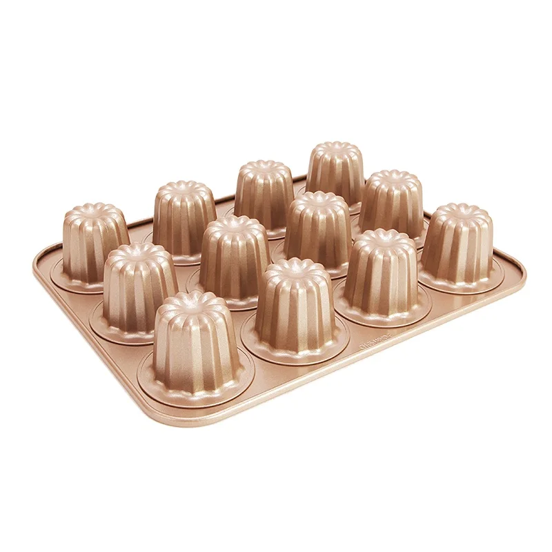 

CHEFMADE Promotional Novelty Metal 12 Cup Carbon Steel Non Stick Cannele Cake Mould For Kitchen, Champagne gold