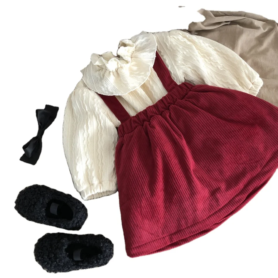 

Girls Korean version cute cheeky with velvet thicken two piece skirt winter new suspenders baby girl clothing set for wholesale, As pic shows, we can according to your request also