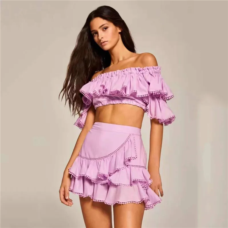 

A4810 Trendy Strapless Ruffled Sleeve Tops Skirt Woman Summer Outfits Two Piece Set