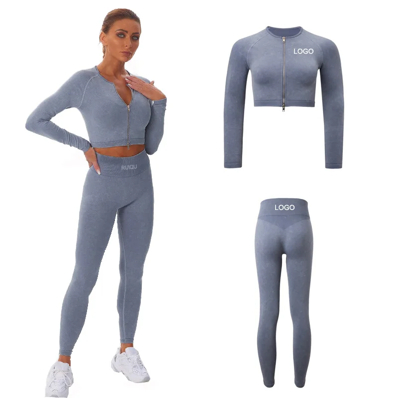 

High Quality Ladies Crop Top Custom Breathable High Waist Leggings Gym Long Sleeve Seamless Yoga Set, As picture