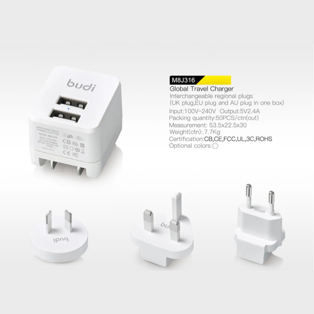 
budi/oem universal global market multiple portable travel charger with fast wall multi adapter mini usb socket for all countries 