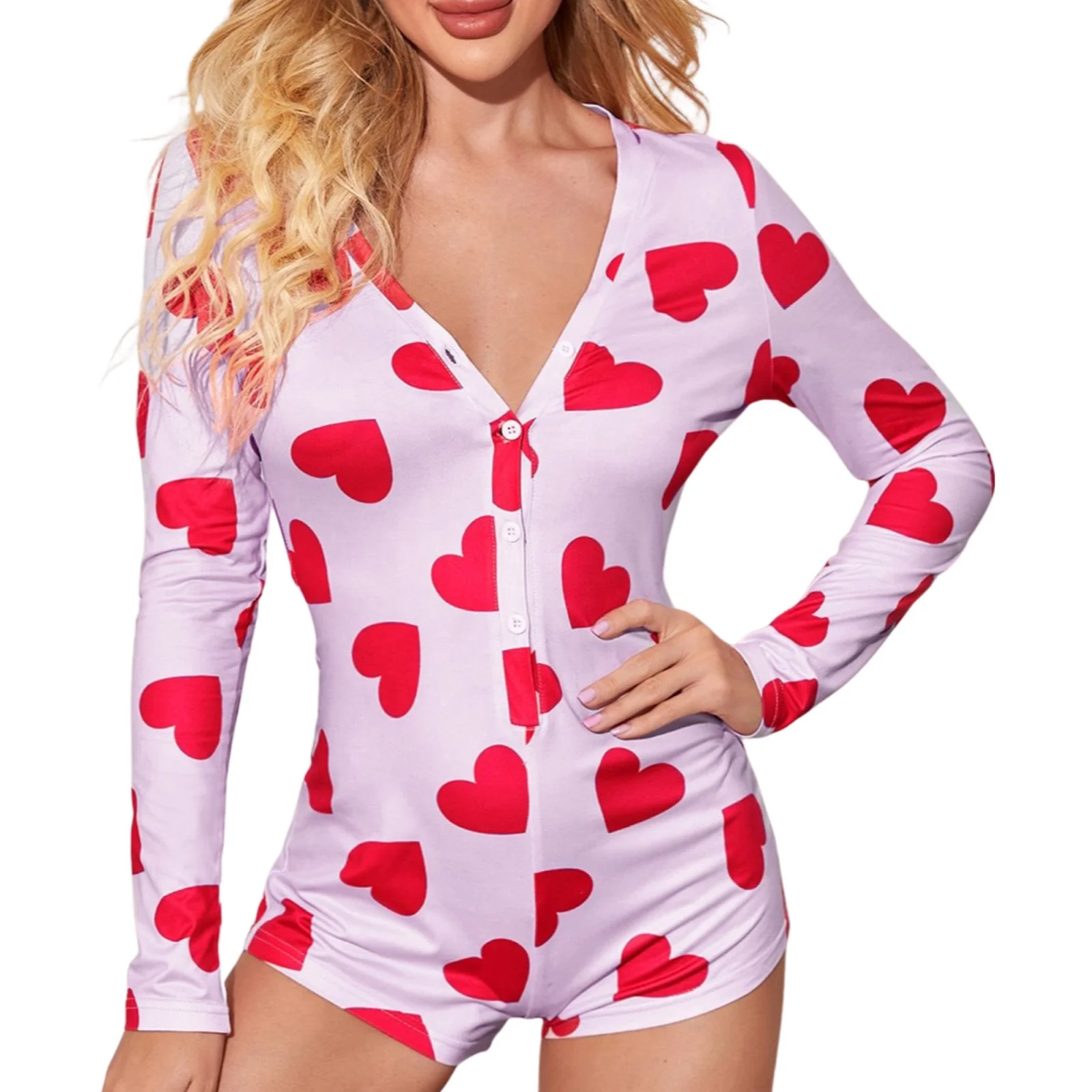 

Valentine Pajamas Pink Heart Long Sleeves Adult Jumpsuit Romper Short Onesie for Women