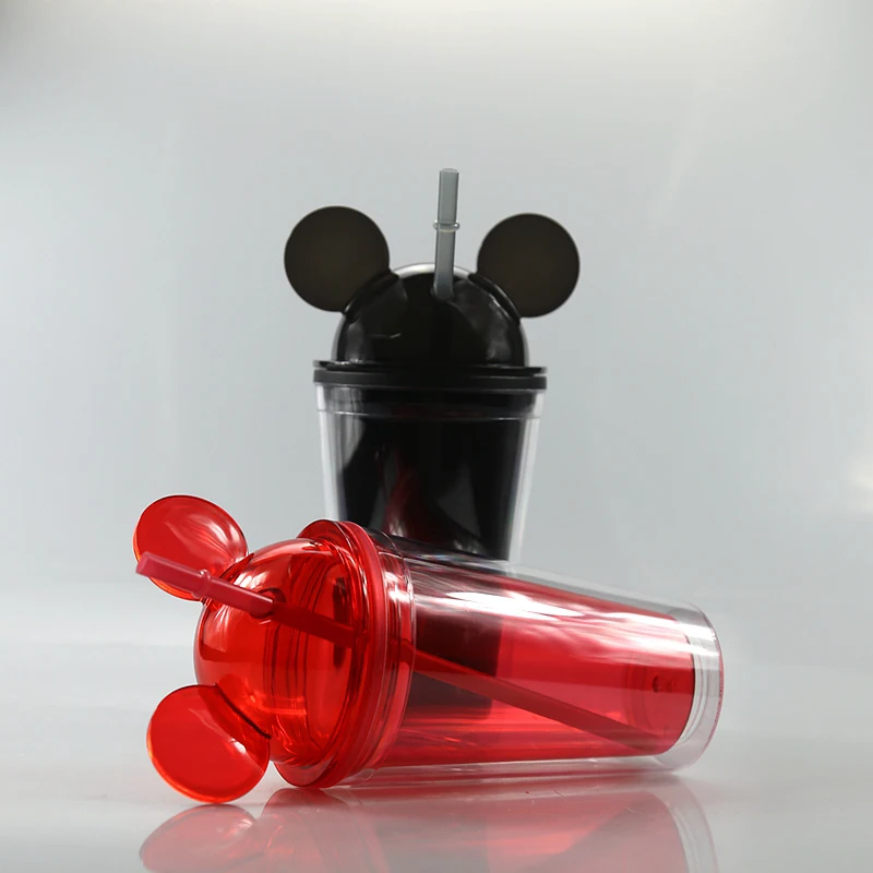 

450ML 16oz plastic mickey cup straws portable water cups mouse ear shape lid double wall plastic Mickey cup tumbler, Customized color