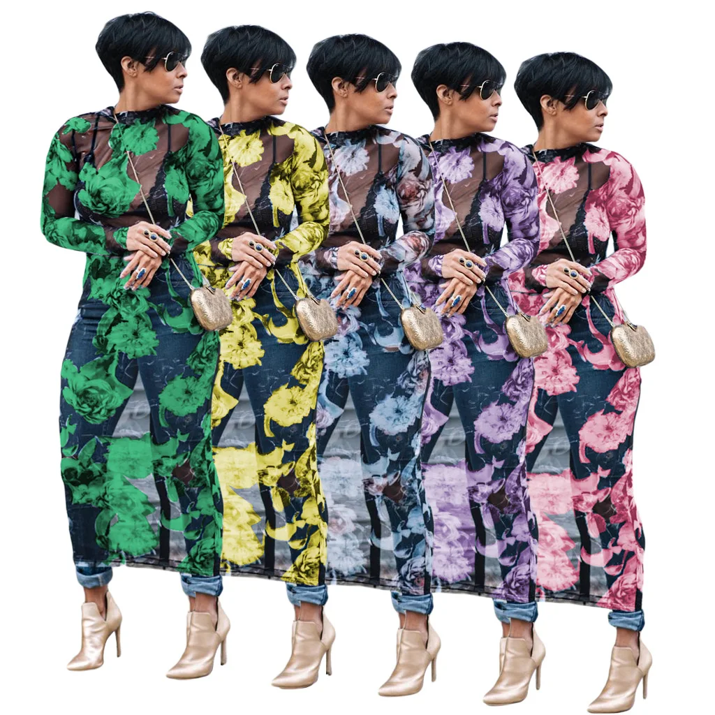 

JM033 Factory flexible long sleeve flower womens sun dresses mesh dress