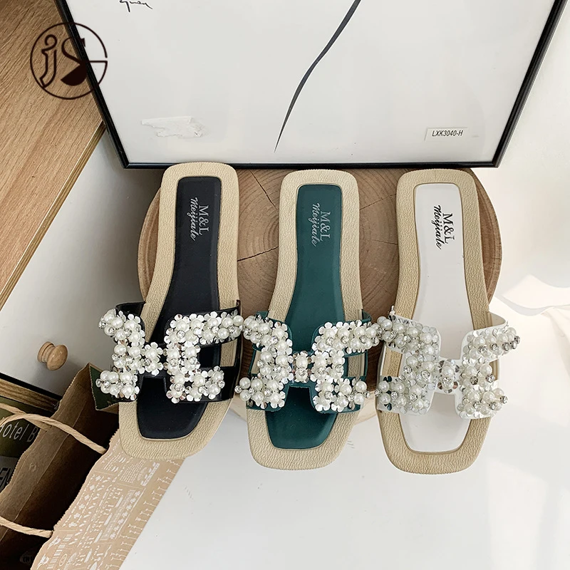 

2021 fashion summer slippers pearl casual slippers for women comfort light weight slides, Customized color