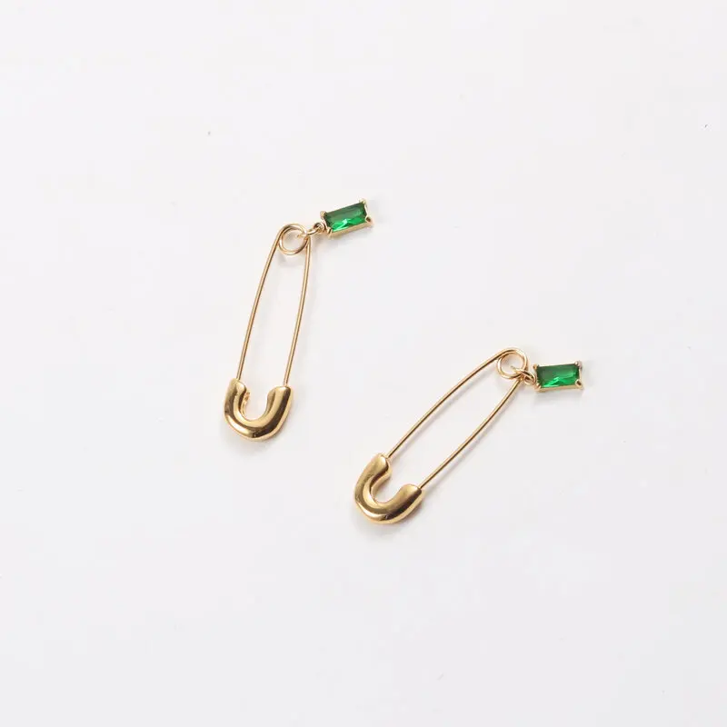 New Trendy 18K Gold Plated Green Zirconia Pendant Minimalist Pin Drop Earrings for Women Stainless Steel Earrings Wholesale