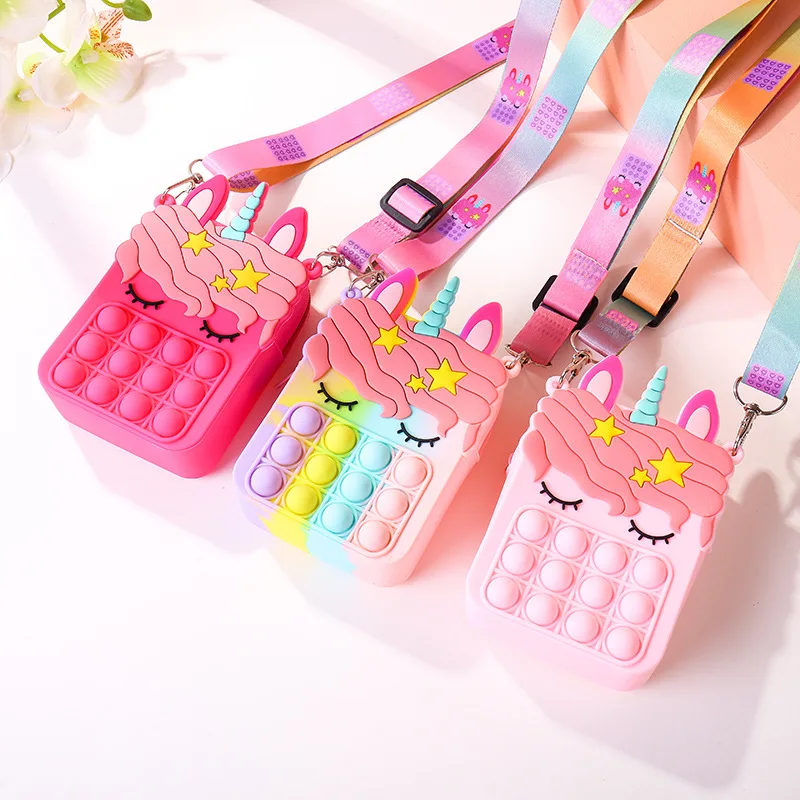 

2021 Hot Sale Fashion Cute Unicorn Pattern Shoulder Bag Cute Diagonal Bag Press Fidget Push Out Bubble Toys, Picture