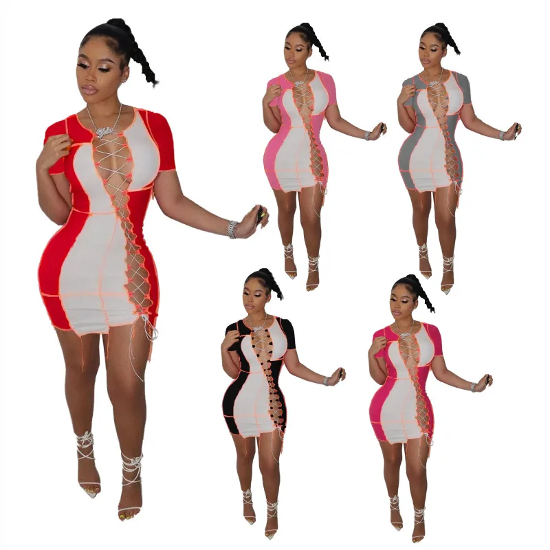 

Summer 2021 Bodycon Dresses Clashing Color Splicing Sexy Club Wear Hollow Out Bandage Dress, 5 colors and also can make as your request