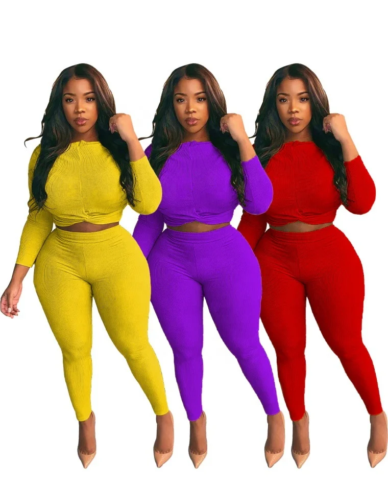 

W865 2020 New arrival fall 2 pcs boutique clothing bodysuit sets fashion o-neck solid plus size ladies two piece set outfit