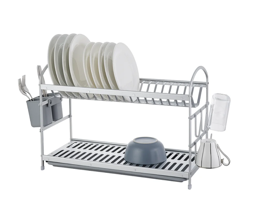 

NSF Kitchen Aluminum Removable 2 Tier Dish Drying Rack with Storage Cutlery Holder, Natural